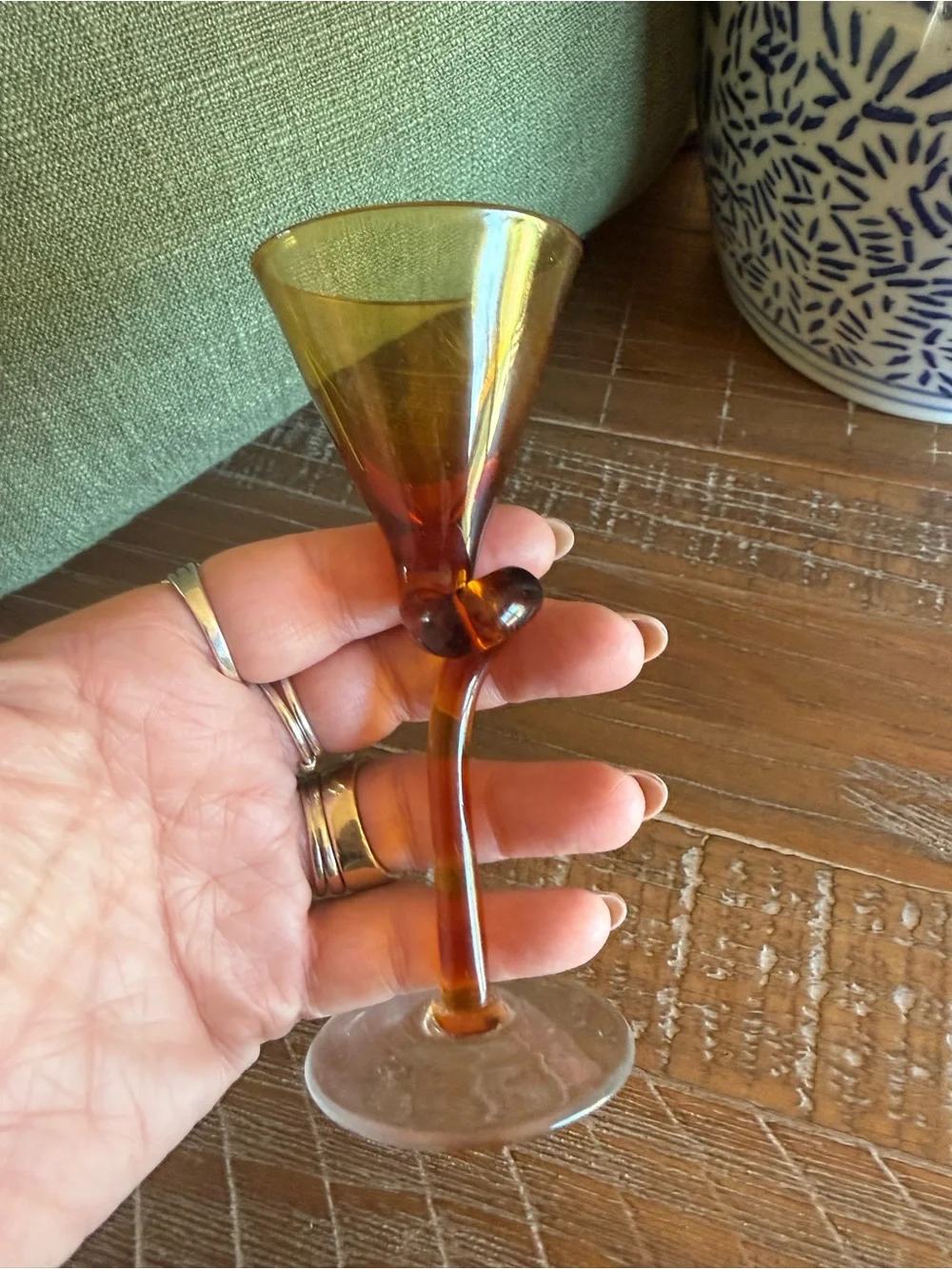 Pier 1 Imports Knotted Stem Martini Glasses Hand Blown Purple Amber Set of 2